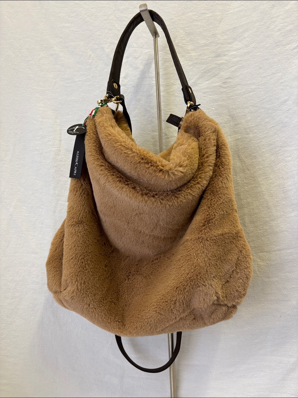 Alessia Capri Faux Fur Leather Hobo Shoulder Bag Made in Italy